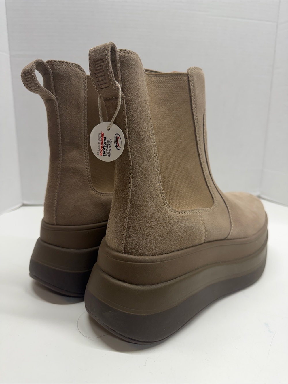 FitFlop F-Mode Stack Suede Chelsea Platform Boots Ankle Bootie Taupe Brown New 8 - Picture 4 of 9